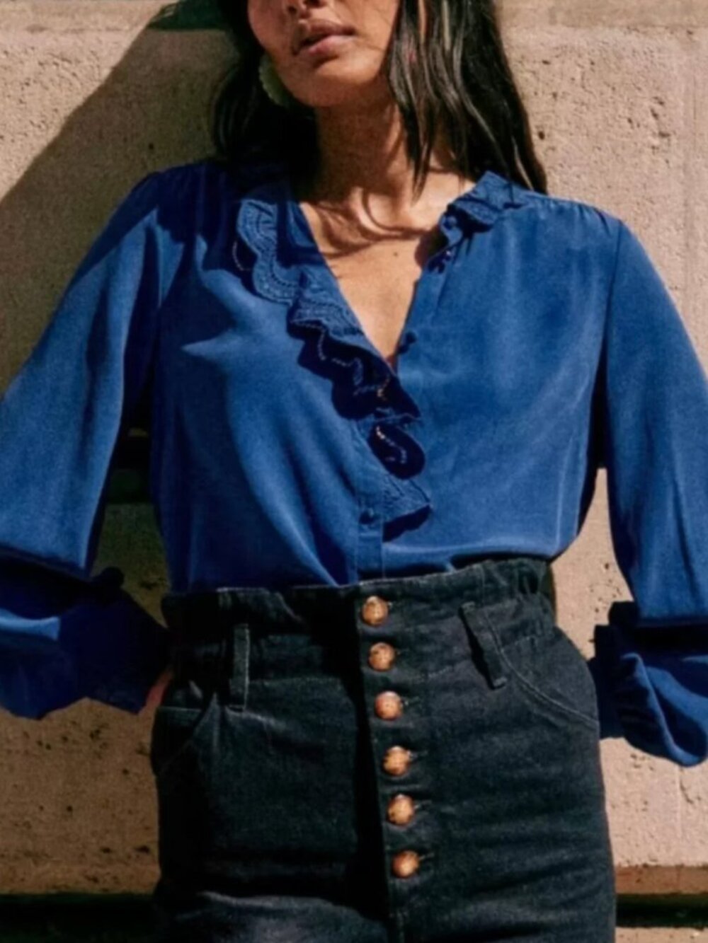 BEST Sezane Chlo Silk Shirt Blouse FR34/US2 Bright Blue French Classic - Picture 3 of 10